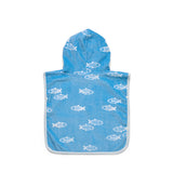 A light blue hooded towel or poncho with a white fish pattern, shown flat against a solid white background.