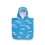 A blue hooded towel or poncho with a white fish pattern and the brand name 'CRYWOLF' printed on the front, shown against a plain white background.