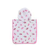 A white hooded towel or poncho with a pink and red seashell and starfish pattern, finished with a pink border, shown on a plain white background.