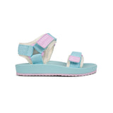 A light blue and pink toddler sandal with white fleece lining, shown from the side on a white background.