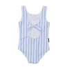 Blue and white striped swimsuit with a bow detail on a white background