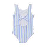 Blue and white striped swimsuit with a bow detail on a white background