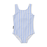 Blue and white striped swimsuit on a white background