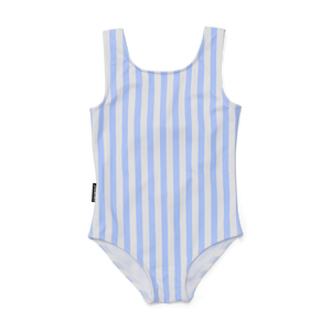 Blue and white striped swimsuit on a white background