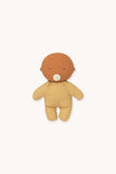 A small plush teddy bear toy with a smooth brown head and a yellow-and-white gingham body, centered on a plain off-white background.