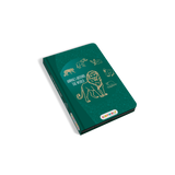 Green book with animal illustrations on a white background