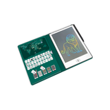 Green electronic device with a screen displaying a lion illustration on a white background
