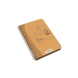 Brown notebook with animal illustrations on a white background