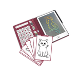 A children's drawing tablet and card game set on a white background. The open tablet shows a colorful parrot drawing, and several cards are fanned out in front, including a cat outline card and a maroon cover.