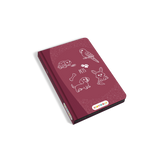 A rectangular notebook or journal with a deep burgundy cover, featuring white line drawings of pet illustrations (turtle, parrot, rabbit, dachshund, bone) and the 'Klipwals' brand logo on the bottom right. The notebook is shown at an angle on a plain white background.