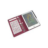 A red electronic embroidery machine with a built-in tablet screen displaying a yellow and green bird design, shown open on a white background.