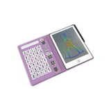 Children's drawing tablet with stylus and pre-programmed designs on a white background