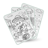 Coloring book pages with a boy and farm scene on transparent sheets.