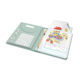 Open book with illustrations and a green cover on a white background