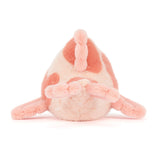 Plush toy resembling a cartoon character with a pink and white color scheme on a white background