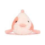 Plush toy resembling a stylized fish with pink and white colors on a white background