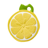 Yellow lemon-shaped object with a green handle on a white background