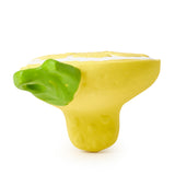 Yellow and green ceramic planter shaped like a leaf on a white background