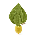 Green leaf-shaped teething toy with a yellow base on a white background