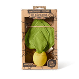 Green teething toy in Oli & Carol packaging on a white background