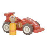 Toy race car with driver figure on a white background