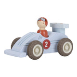 Toy race car with a driver figure on a white background