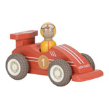 Red toy race car with a driver figure on a white background