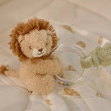 Stuffed lion toy with a clear container on a soft surface