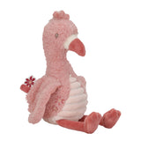 Pink plush flamingo toy on a white background