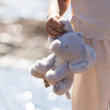 Person holding a plush toy with a blurred natural background