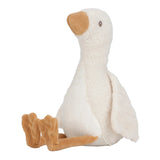 Plush toy goose with white body and brown feet and beak on a white background