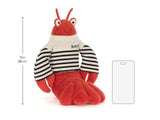Plush lobster toy with striped shirt and measurements on a white background