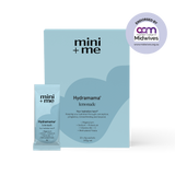 Hydramama lemonade packaging with 'mini + me' branding and endorsement by ACM Midwives on a white background.