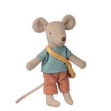 Stuffed mouse toy wearing a striped shirt and pants with a yellow bag on a white background