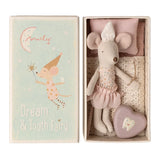 Stuffed mouse toy with a heart-shaped pillow in a decorative box, featuring illustrations and text.