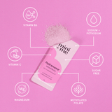 Pink powder with 'mini me' packaging on a pink background with nutritional information icons.