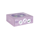 Purple box with illustrations of dragons and text on a white background