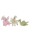 Three colorful dragon-shaped toys on a white background