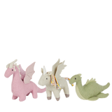Three colorful dragon-shaped toys on a white background