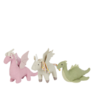 Three colorful dragon-shaped toys on a white background