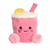 Pink plush drink toy with a lemon slice and straw on a white background
