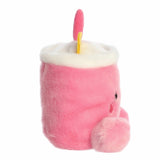 Pink plush toy resembling a cup with a spoon on a white background
