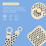 Soothie & Go gift set with pacifier holder, strap, and storage case on a blue background.
