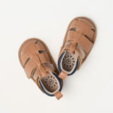 Pair of brown baby sandals on a white background