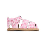 Pink gingham sandal on a white background