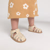 Child wearing yellow floral-patterned sandals on a plain background