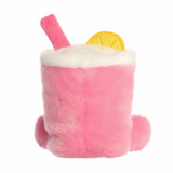 Pink plush drink toy with a straw and lemon wedge on a white background