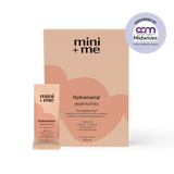 mini+me Hydramama peach iced tea packaging on a white background with 'Endorsed by ACM Midwives' badge.