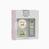 Bibs pacifier and clip gift set packaging on a white background