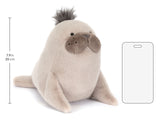 Plush seal toy with dimensions and a phone case on a white background